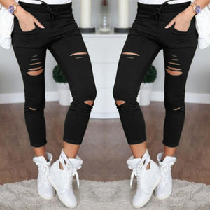 Casual Skinny Jeans Women Stretch Hole Slim Fit Denim Leggings Pencil Pants High Waist Trousers Army Green White Black XXL