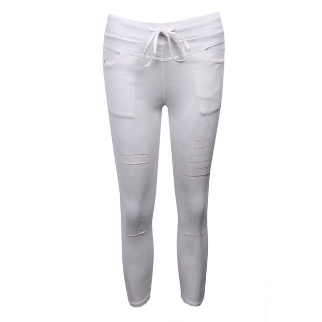 Casual Skinny Jeans Women Stretch Hole Slim Fit Denim Leggings Pencil Pants High Waist Trousers Army Green White Black XXL