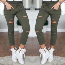 Load image into Gallery viewer, Military Army Green Skinny Ripped Holes Jeans Women High Waist Stretch Denim Pencil Pants Shredded Leggings Trousers