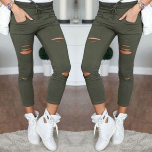 Military Army Green Skinny Ripped Holes Jeans Women High Waist Stretch Denim Pencil Pants Shredded Leggings Trousers