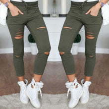 Load image into Gallery viewer, Military Army Green Skinny Ripped Holes Jeans Women High Waist Stretch Denim Pencil Pants Shredded Leggings Trousers