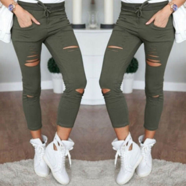 Military Army Green Skinny Ripped Holes Jeans Women High Waist Stretch Denim Pencil Pants Shredded Leggings Trousers