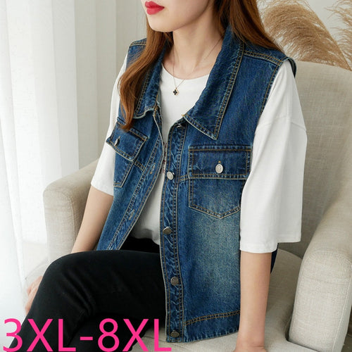 2019 autumn winter plus size coat for women lapel casual loose sleeveless denim short vest blue clothes 3XL 4XL 5XL 6XL 7XL 8XL