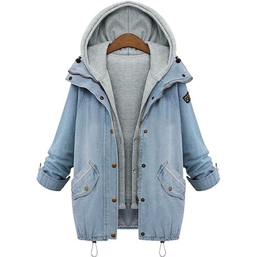 Women Casual Two Piece Set Denim Jacket Hooded Vest Oversized Coat Outwear