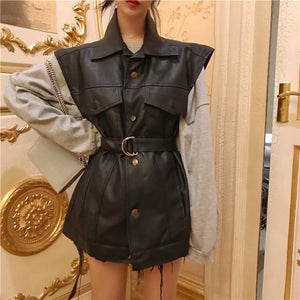 2019 Autumn Winter Belt Buckle Sleeveless Punk Faux Leather Vest Coat Lolita Gothic Black Khachi Pocket Slash