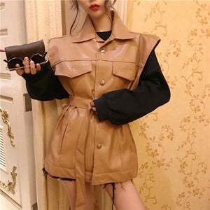 2019 Autumn Winter Belt Buckle Sleeveless Punk Faux Leather Vest Coat Lolita Gothic Black Khachi Pocket Slash