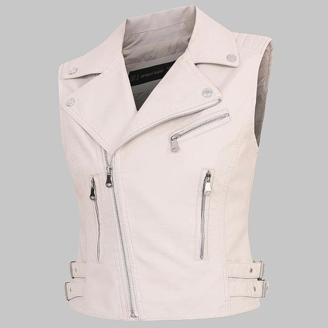 Women faux Leather Vests Ladies Novelty Motorcycle Zippers embossed PU Vest Slim tactical Rivet WaistCoat female European drop