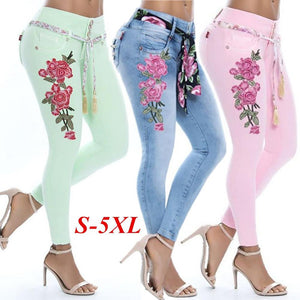 Fashion Embroidery Flower Elastic Skinny Jeans Women Long Pencil Pants Trousers