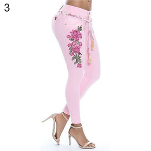 Fashion Embroidery Flower Elastic Skinny Jeans Women Long Pencil Pants Trousers