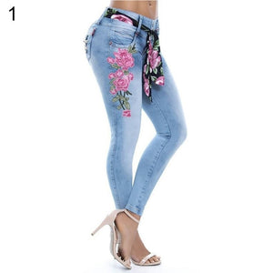 Fashion Embroidery Flower Elastic Skinny Jeans Women Long Pencil Pants Trousers