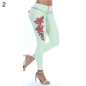 Fashion Embroidery Flower Elastic Skinny Jeans Women Long Pencil Pants Trousers