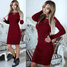 Load image into Gallery viewer, Women Autumn Winter V-Neck Long Sleeve Knit Bodycon Sweater Mini Dress Female Warm Party Dresses Ladies Clothing Femme Vestdiaos