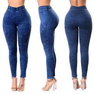 Autumn Winter Fitness Skinny Denim Jeans Women Casual Pencil Pants Pleated Stretch Elastic Waist Jean Bodycon Trousers S-XXL